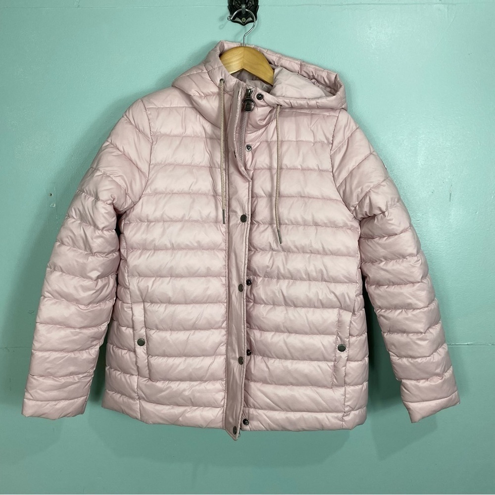 Barbour Seaholly Quilted Puffer Jacket‎ Sz 10 Pink Hooded Zip Up